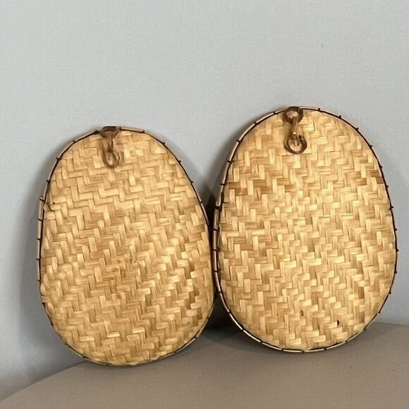 2 Vintage 70s Oval Wooden Wall Art Flowers Polynesian Tiki Boho Chic 10" - Picture 9 of 15